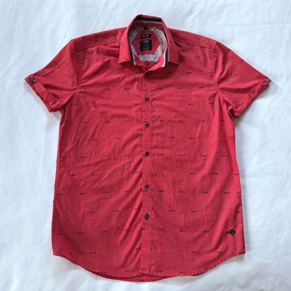 Red Fish Print Short Sleeve Button Up